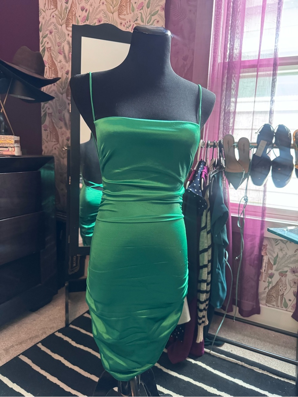 Green Satin Slip Midi Dress